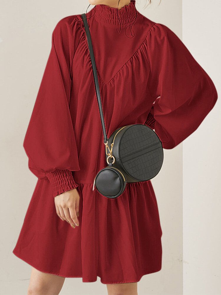 Femmes Col Roulé Manches Bouffantes Smocks Conception Solide Longueur Au Genou Robes Mi-longues