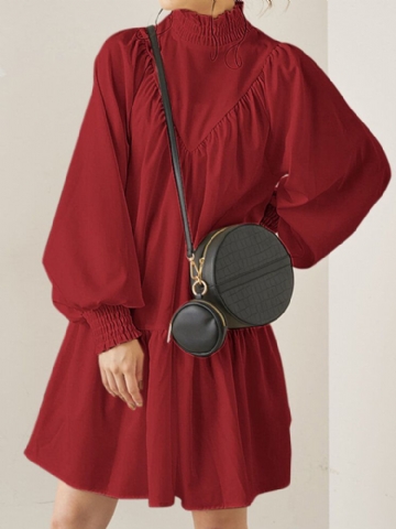 Femmes Col Roulé Manches Bouffantes Smocks Conception Solide Longueur Au Genou Robes Mi-longues