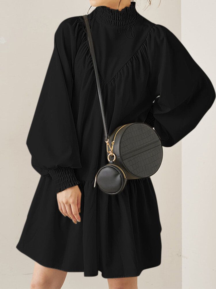 Femmes Col Roulé Manches Bouffantes Smocks Conception Solide Longueur Au Genou Robes Mi-longues