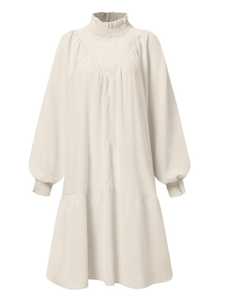 Femmes Col Roulé Manches Bouffantes Smocks Conception Solide Longueur Au Genou Robes Mi-longues