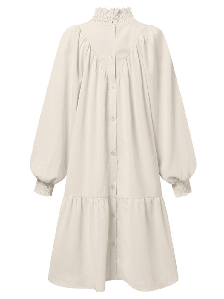 Femmes Col Roulé Manches Bouffantes Smocks Conception Solide Longueur Au Genou Robes Mi-longues