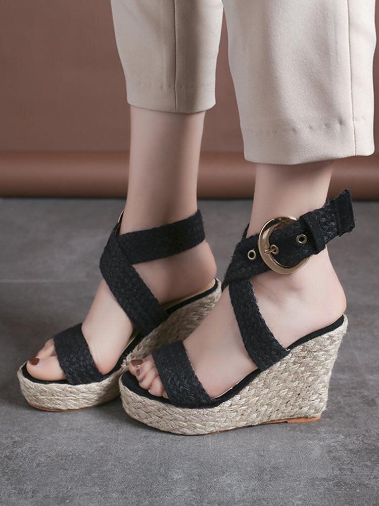 Femmes Compensées Talon Tressé Espadrille Cheville Croix Boucle Sangle Sandales