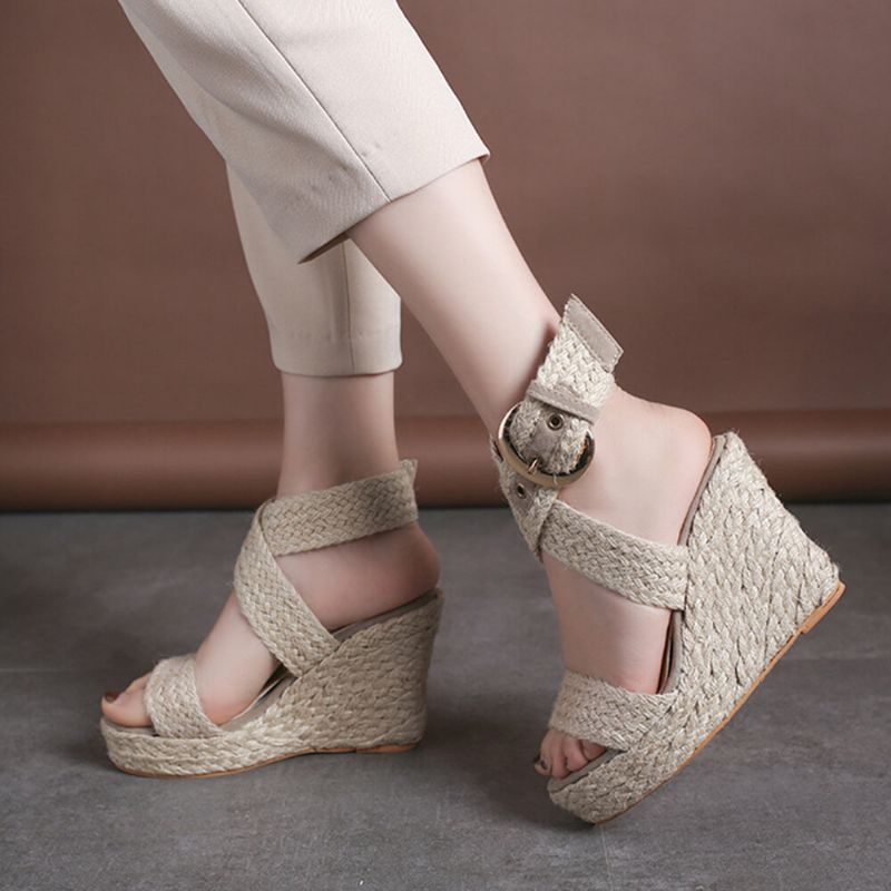 Femmes Compensées Talon Tressé Espadrille Cheville Croix Boucle Sangle Sandales