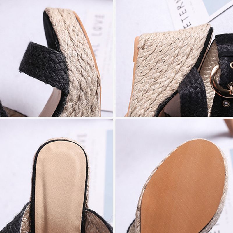 Femmes Compensées Talon Tressé Espadrille Cheville Croix Boucle Sangle Sandales