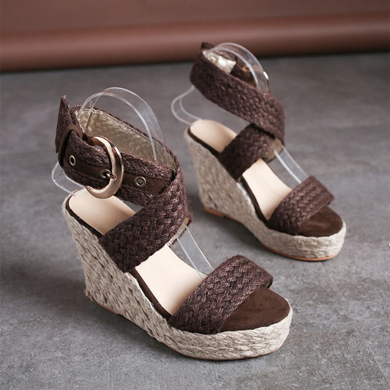 Femmes Compensées Talon Tressé Espadrille Cheville Croix Boucle Sangle Sandales