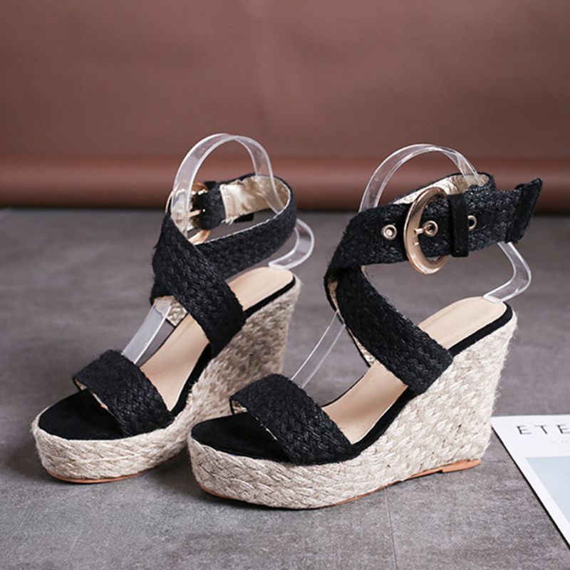 Femmes Compensées Talon Tressé Espadrille Cheville Croix Boucle Sangle Sandales