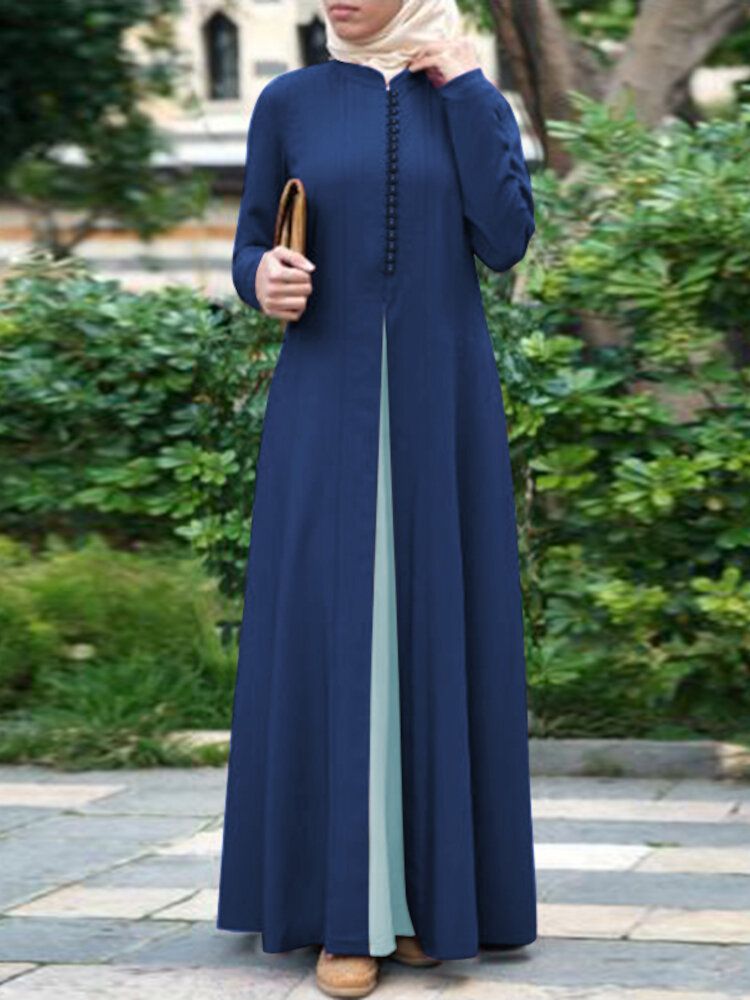 Femmes Contraste Couleur Couture Bohème Bouton Manches Longues Musulman Maxi Robe Abaya Kaftan