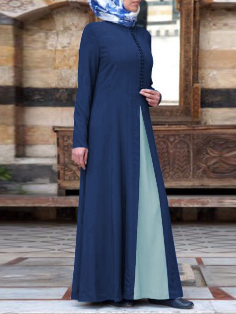 Femmes Contraste Couleur Couture Bohème Bouton Manches Longues Musulman Maxi Robe Abaya Kaftan