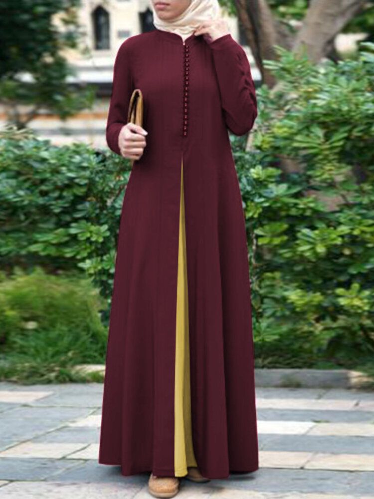 Femmes Contraste Couleur Couture Bohème Bouton Manches Longues Musulman Maxi Robe Abaya Kaftan