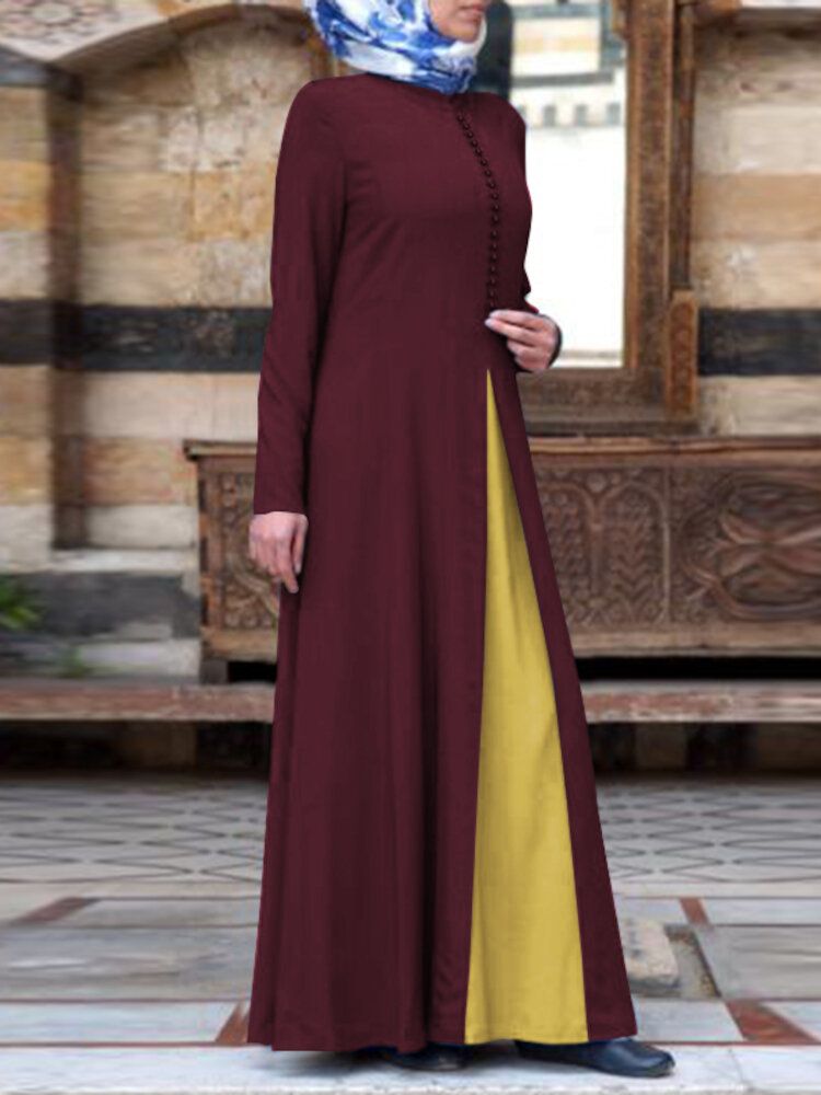 Femmes Contraste Couleur Couture Bohème Bouton Manches Longues Musulman Maxi Robe Abaya Kaftan