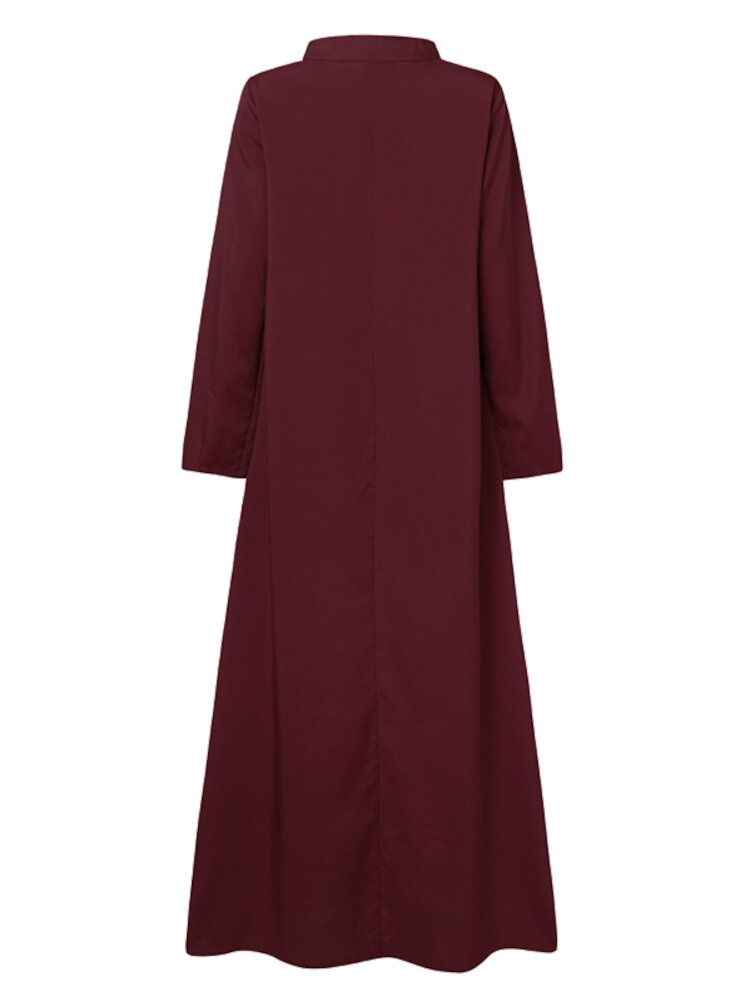 Femmes Contraste Couleur Couture Bohème Bouton Manches Longues Musulman Maxi Robe Abaya Kaftan