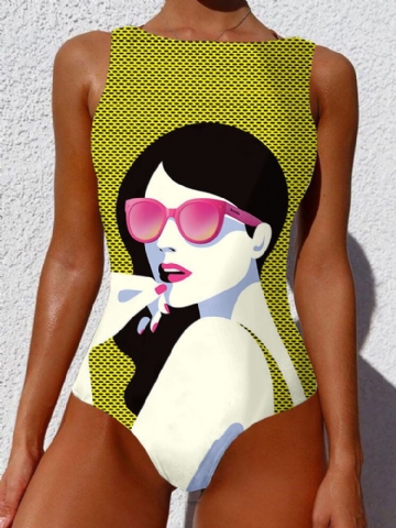 Femmes Cool Girl Figure Motif Sans Manches Col Haut Une Pièce Hawaii Maillots De Bain