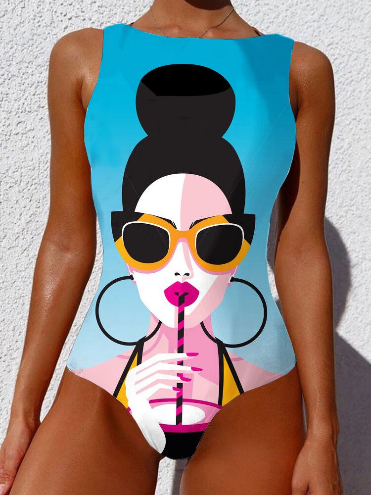 Femmes Cool Girl Figure Motif Sans Manches Col Haut Une Pièce Hawaii Maillots De Bain