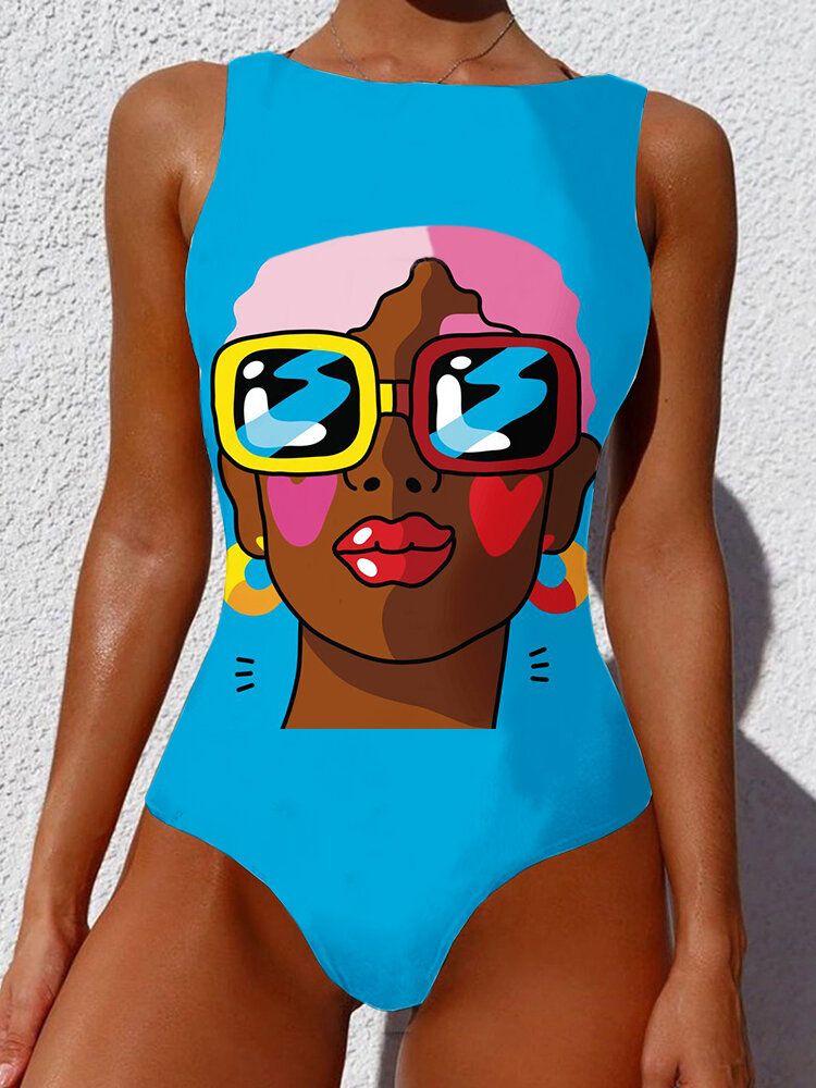 Femmes Cool Girl Figure Motif Sans Manches Col Haut Une Pièce Hawaii Maillots De Bain