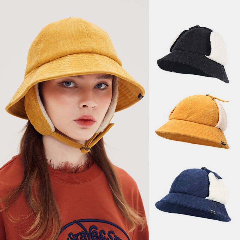 Femmes Corduroy Plus Hat Circonférence Ear Protection Tie Keep Warm Bucket Hat