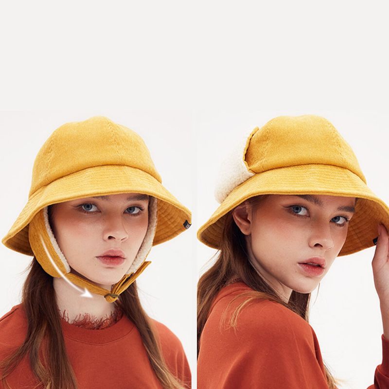 Femmes Corduroy Plus Hat Circonférence Ear Protection Tie Keep Warm Bucket Hat