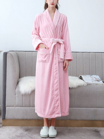 Femmes Cosy Flanelle Manches Longues Double Poche Ceintures Maison Vêtements De Nuit Robes