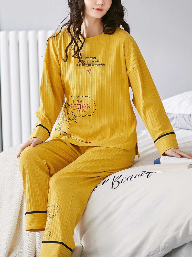 Femmes Côtelé Lettre Impression Dessin Animé Graffiti Pull Taille Élastique Poche Maison Décontracté Jaune Pyjama Ensemble