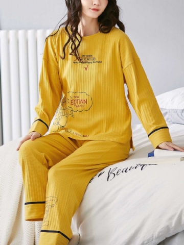 Femmes Côtelé Lettre Impression Dessin Animé Graffiti Pull Taille Élastique Poche Maison Décontracté Jaune Pyjama Ensemble