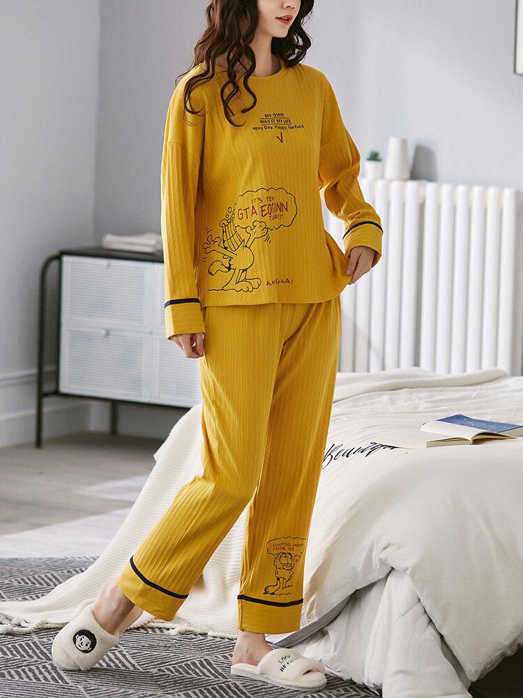 Femmes Côtelé Lettre Impression Dessin Animé Graffiti Pull Taille Élastique Poche Maison Décontracté Jaune Pyjama Ensemble