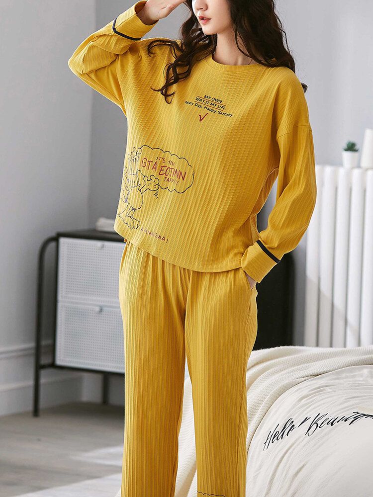 Femmes Côtelé Lettre Impression Dessin Animé Graffiti Pull Taille Élastique Poche Maison Décontracté Jaune Pyjama Ensemble