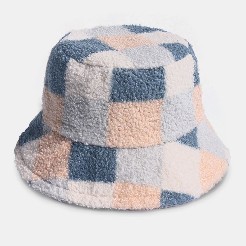 Femmes Coton Agneau Cheveux Chaud Casual Mode All-match Treillis Motif Seau Chapeau