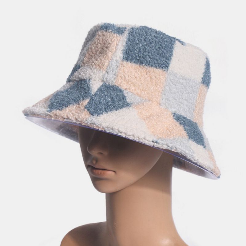 Femmes Coton Agneau Cheveux Chaud Casual Mode All-match Treillis Motif Seau Chapeau