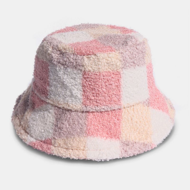 Femmes Coton Agneau Cheveux Chaud Casual Mode All-match Treillis Motif Seau Chapeau