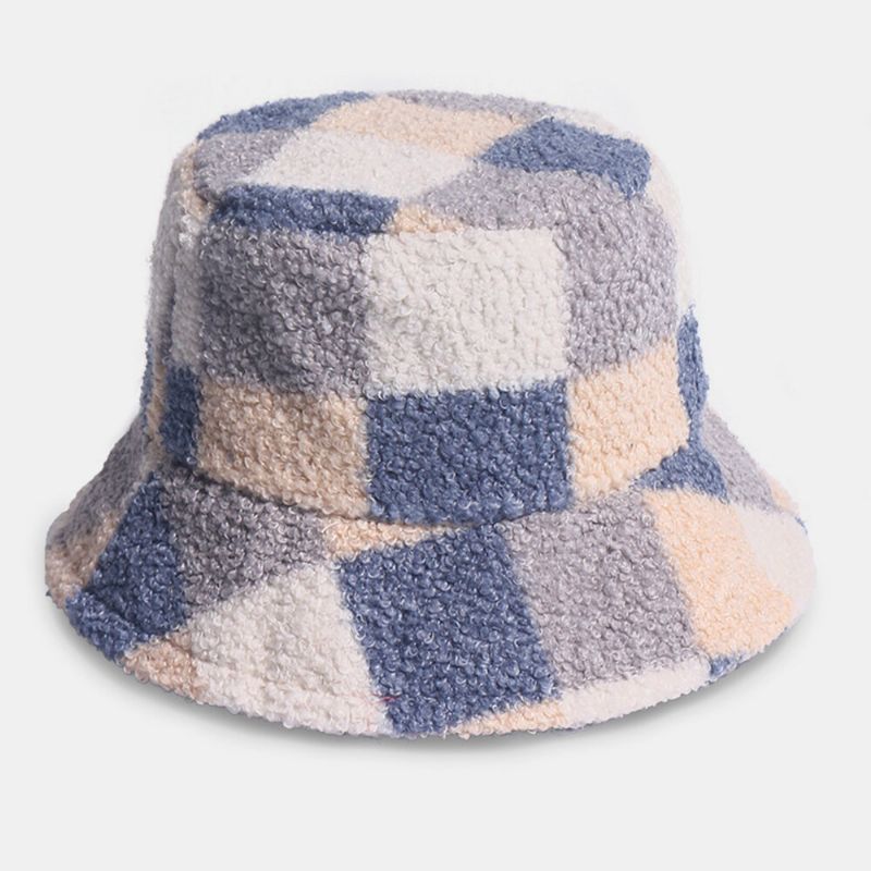 Femmes Coton Agneau Cheveux Chaud Casual Mode All-match Treillis Motif Seau Chapeau