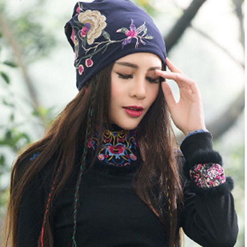 Femmes Coton Broderie Fleur Impression Style Ethnique Bonnet Chapeau Respirant Turban Cap