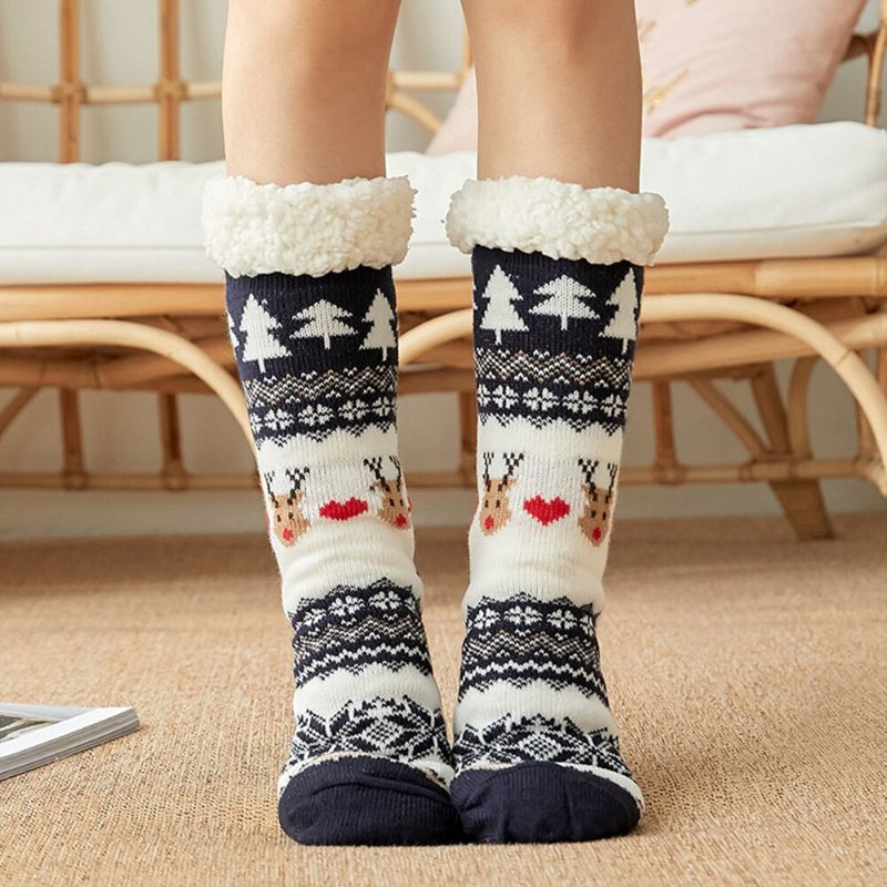 Femmes Coton Chaud Hiver En Plein Air Style De Noël Motif Plus Velours Épaissir Maison Sommeil Chaussettes Tube Chaussettes