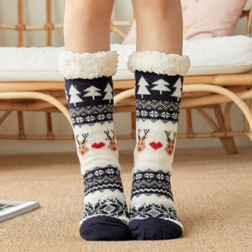 Femmes Coton Chaud Hiver En Plein Air Style De Noël Motif Plus Velours Épaissir Maison Sommeil Chaussettes Tube Chaussettes