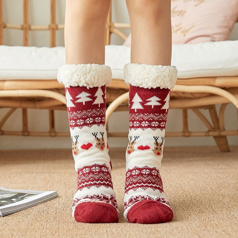 Femmes Coton Chaud Hiver En Plein Air Style De Noël Motif Plus Velours Épaissir Maison Sommeil Chaussettes Tube Chaussettes