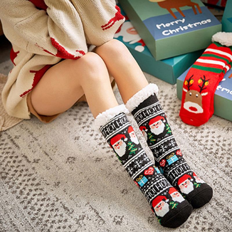 Femmes Coton Chaud Hiver En Plein Air Style De Noël Motif Plus Velours Épaissir Maison Sommeil Chaussettes Tube Chaussettes