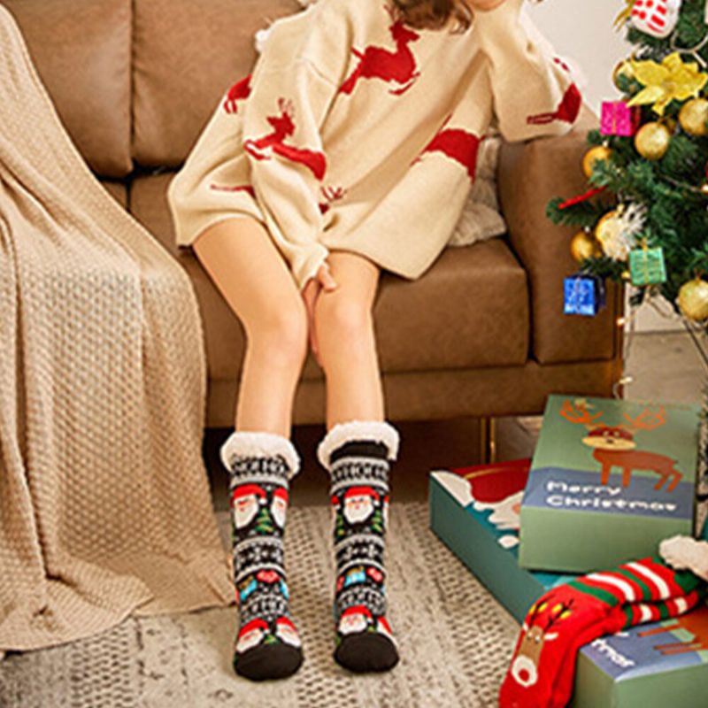 Femmes Coton Chaud Hiver En Plein Air Style De Noël Motif Plus Velours Épaissir Maison Sommeil Chaussettes Tube Chaussettes