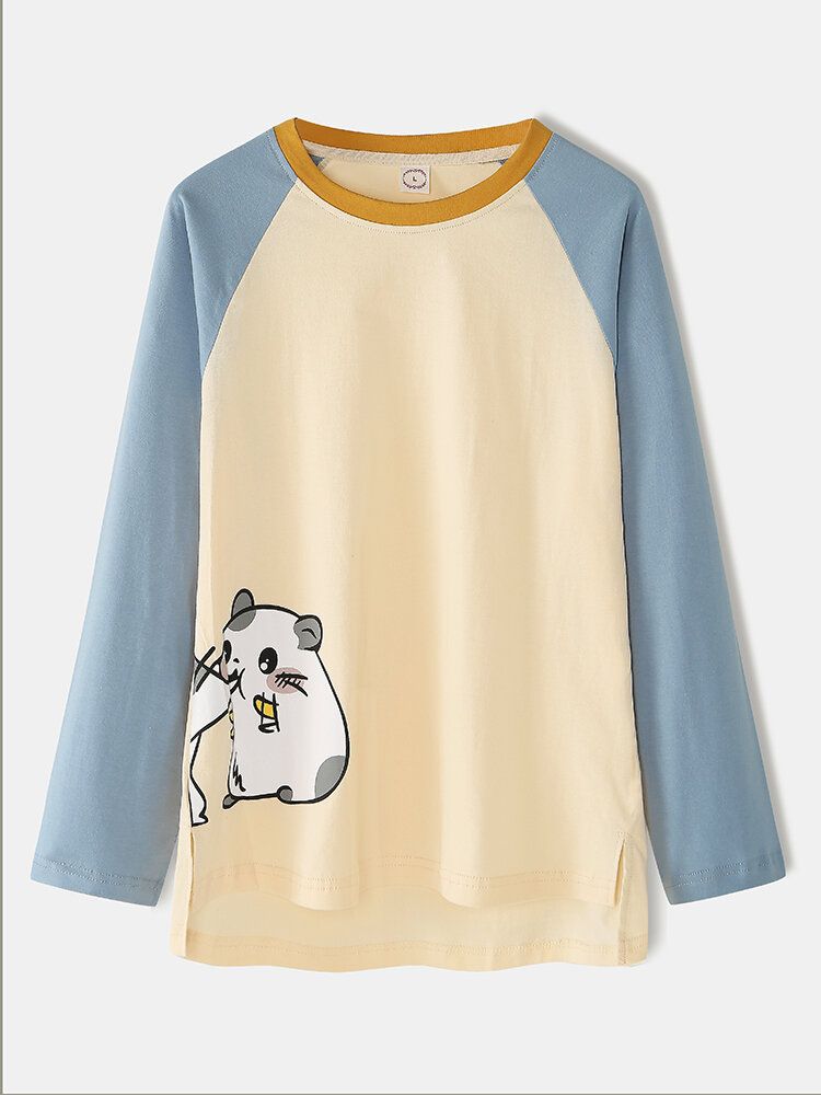 Femmes Coton Dessin Animé Animal Imprimé Manches Raglan Pull Taille Élastique Maison Pyjama Ensemble Avec Poche