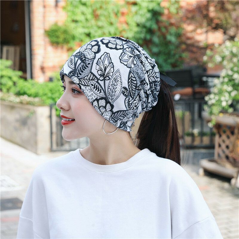 Femmes Coton Feuille Florale Motif D'impression Décontracté En Plein Air À Double Usage Cou Protection Brimless Bonnet