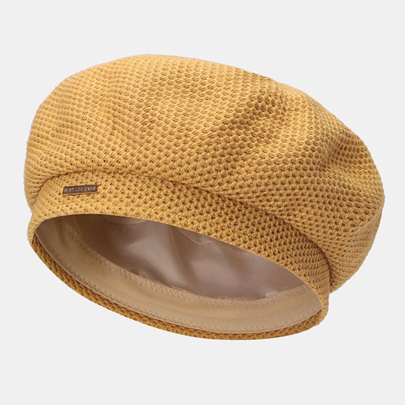 Femmes Coton Maille Respirant Métal Étiquette Tricoté Chapeau Mode Sauvage Réglable Béret Casquette Peintre Chapeau