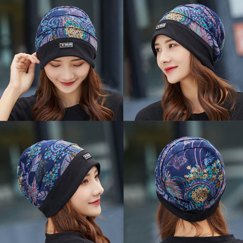 Femmes Coton Motif Floral Casual Mode Respirant En Plein Air Plis Garder Au Chaud Turban Bonnet