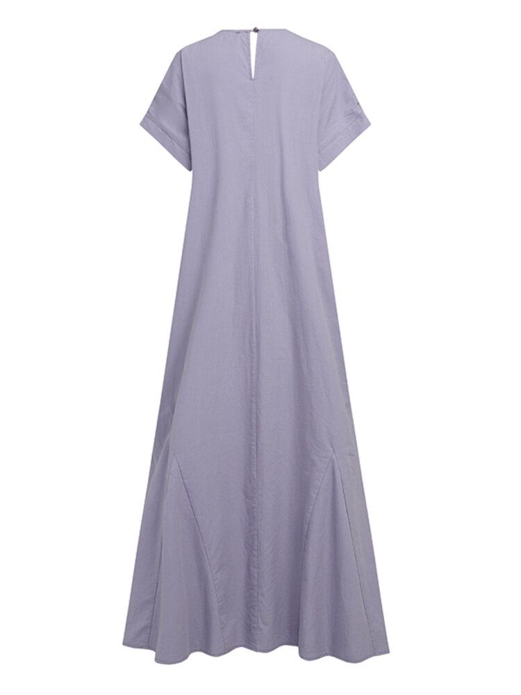 Femmes Coton O-cou Poche Latérale Bouton Manches Courtes Plaine Solide Casual Maxi Robe