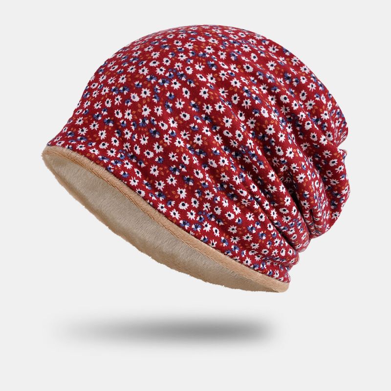 Femmes Coton Plus Velours Superposition Motif Floral Imprimé Chaleur Coupe-vent Double Usage Bavoir Écharpe Bonnet Chapeau