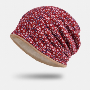 Femmes Coton Plus Velours Superposition Motif Floral Imprimé Chaleur Coupe-vent Double Usage Bavoir Écharpe Bonnet Chapeau