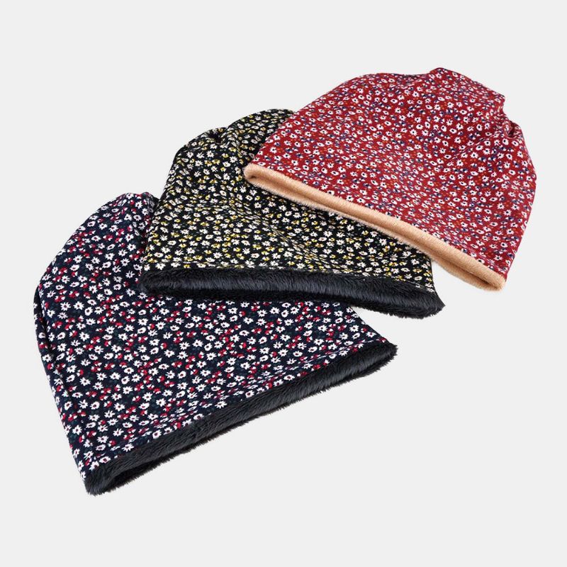 Femmes Coton Plus Velours Superposition Motif Floral Imprimé Chaleur Coupe-vent Double Usage Bavoir Écharpe Bonnet Chapeau