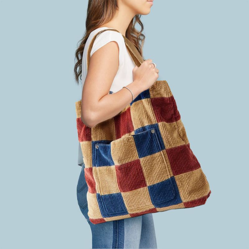 Femmes Couleur Correspondant Grande Capacité Fourre-tout Velours Côtelé Plaid Poche Avant Vintage Sac À Bandoulière Sac À Main