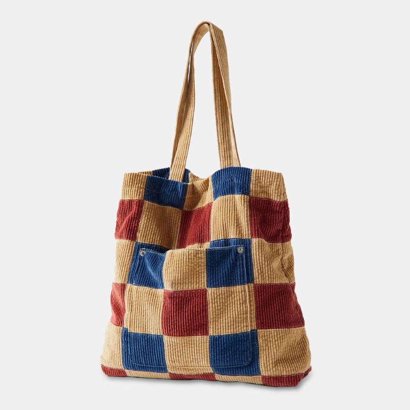 Femmes Couleur Correspondant Grande Capacité Fourre-tout Velours Côtelé Plaid Poche Avant Vintage Sac À Bandoulière Sac À Main