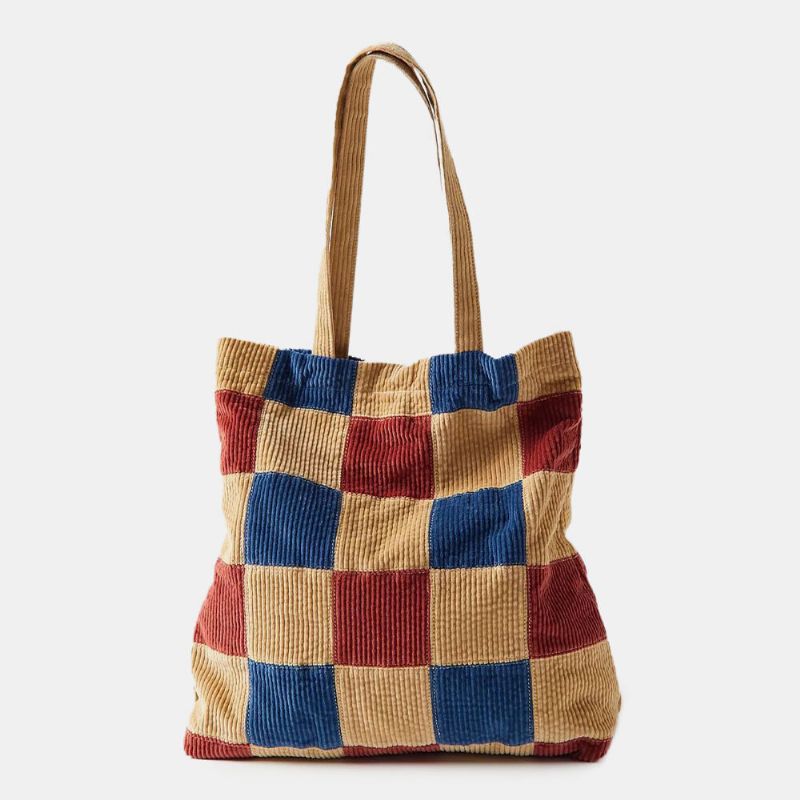 Femmes Couleur Correspondant Grande Capacité Fourre-tout Velours Côtelé Plaid Poche Avant Vintage Sac À Bandoulière Sac À Main