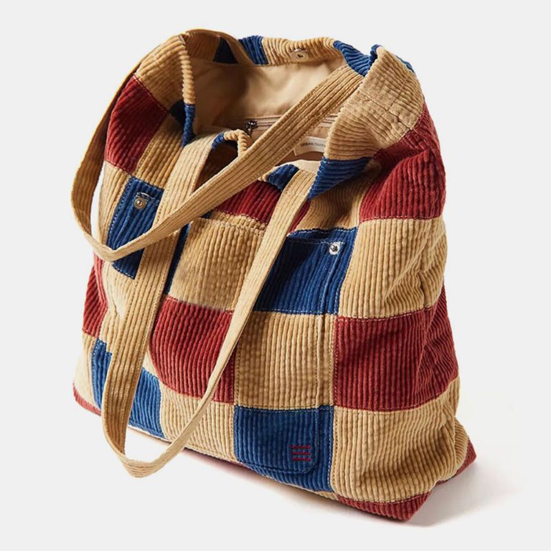 Femmes Couleur Correspondant Grande Capacité Fourre-tout Velours Côtelé Plaid Poche Avant Vintage Sac À Bandoulière Sac À Main