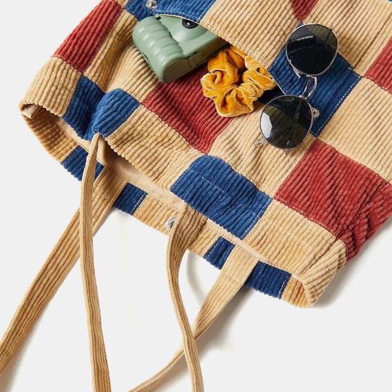 Femmes Couleur Correspondant Grande Capacité Fourre-tout Velours Côtelé Plaid Poche Avant Vintage Sac À Bandoulière Sac À Main