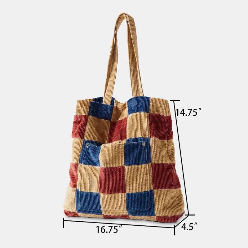 Femmes Couleur Correspondant Grande Capacité Fourre-tout Velours Côtelé Plaid Poche Avant Vintage Sac À Bandoulière Sac À Main