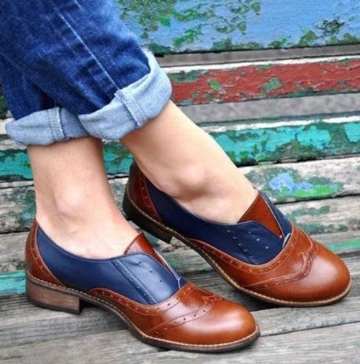 Femmes Couleur Épissage Talon Carré Bout Rond Brogue Oxfords Casual Appartements Mocassins